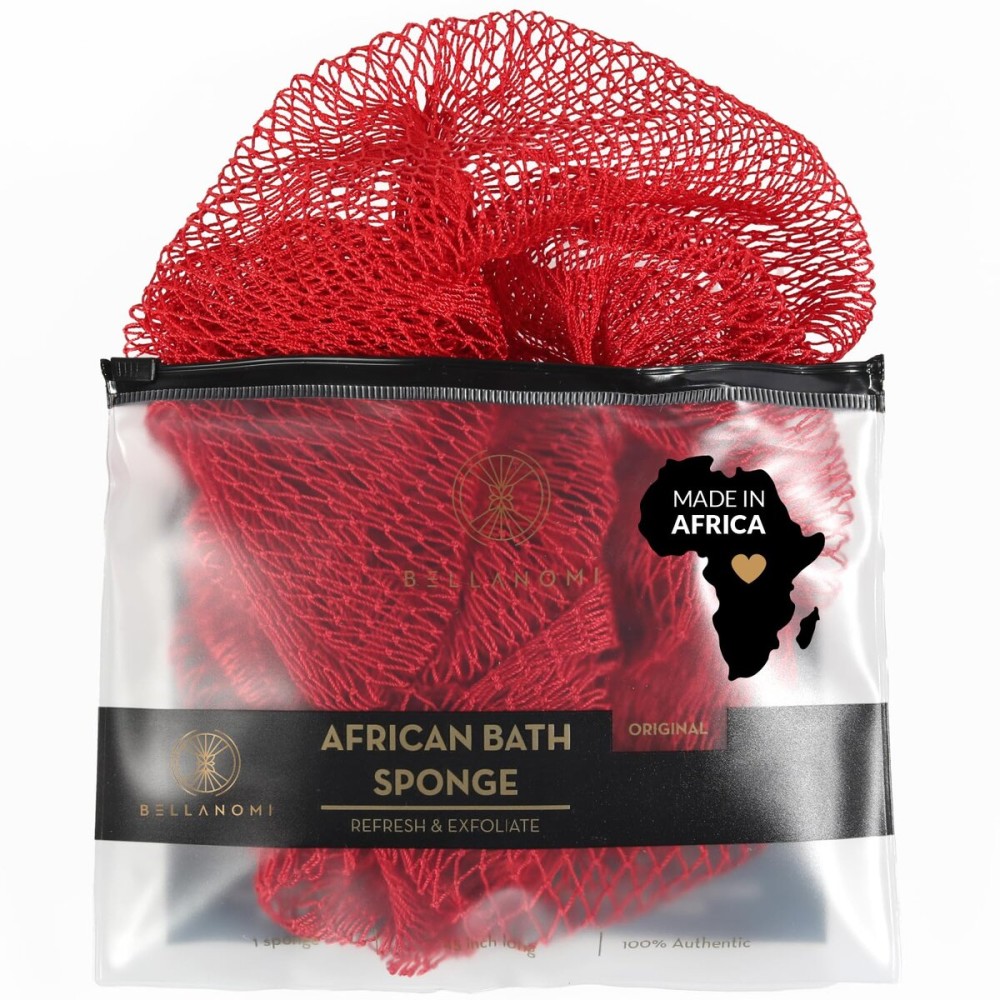 Bellanomi African Exfoliating Net Sponge, Authentic, Ethically sourced from Nigeria, 45 inches Long, Back Scrubber for Daily use (Red)