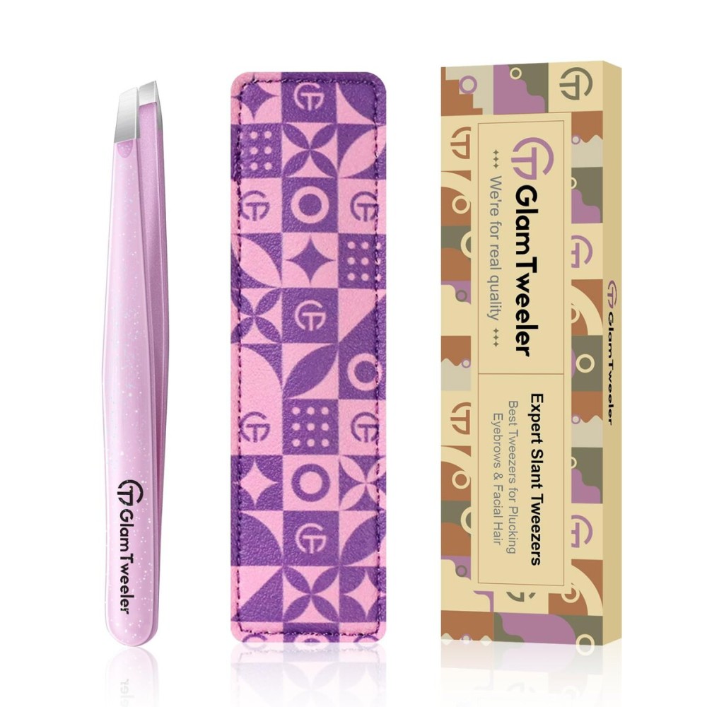 Expert Eyebrow Hair Removal Tweezer with Leather Case, GlamTweeler High Precision Slant Tip Stainless Steel Tweezers for Men and Women (Sparkle Baby Pink)