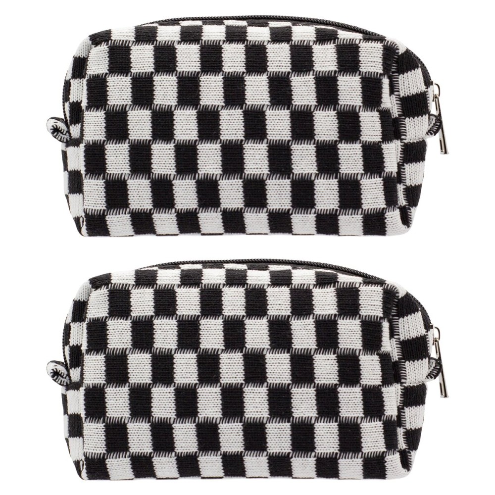 PAZIMIIK Checkered Makeup Bag for Purse Portable Zipper Make Up Pouch Small Cosmetic Case for Travel Accessories (2PCS Black)