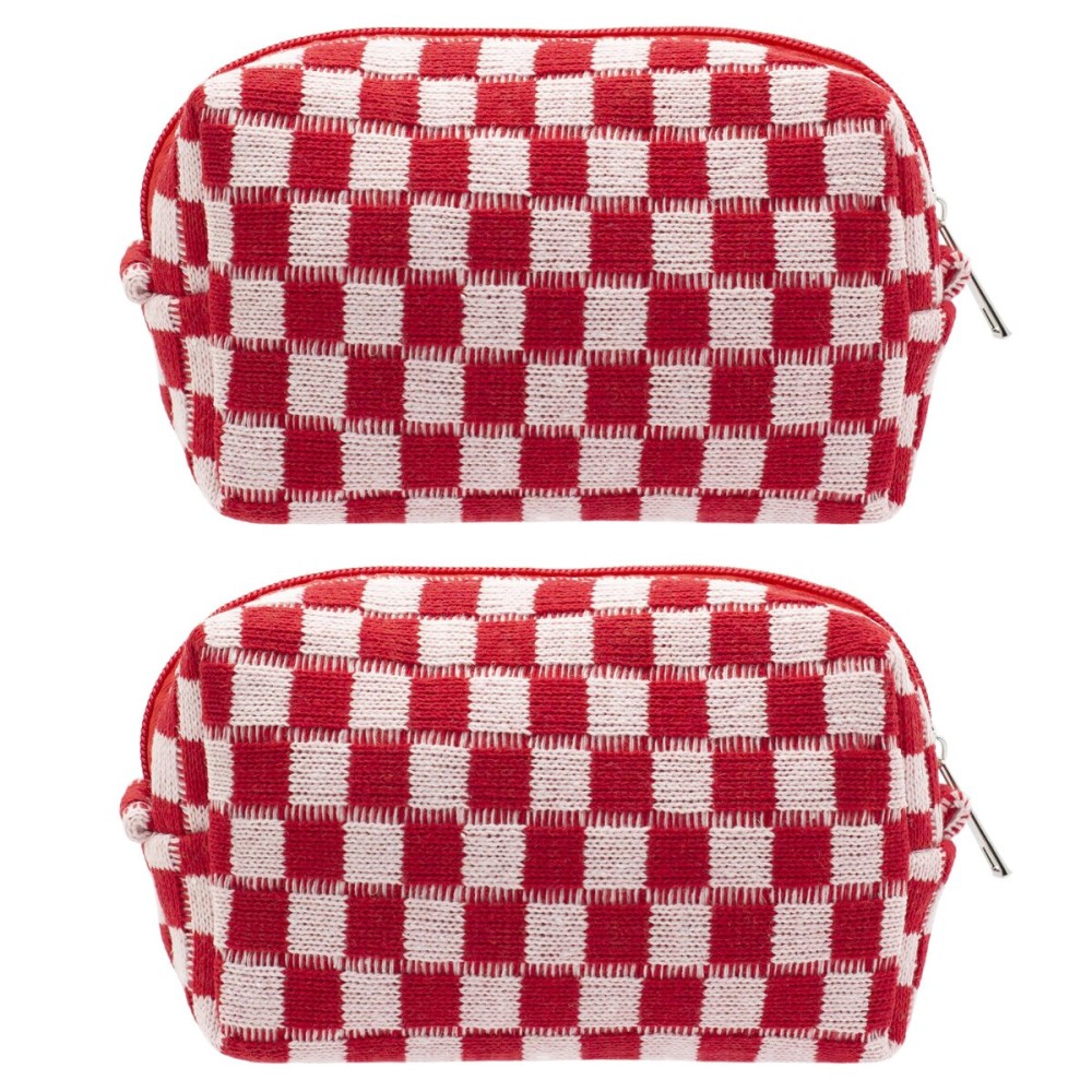 PAZIMIIK Checkered Makeup Bag for Purse Portable Zipper Make Up Pouch Small Cosmetic Case for Travel Accessories (2PCS Red)