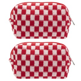 PAZIMIIK Checkered Makeup Bag for Purse Portable Zipper Make Up Pouch Small Cosmetic Case for Travel Accessories (2PCS Red)