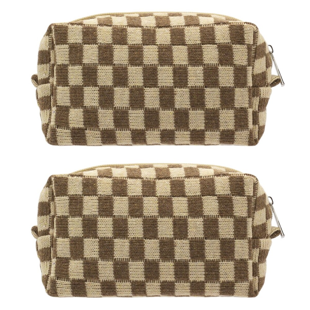 PAZIMIIK Checkered Makeup Bag for Purse Portable Zipper Make Up Pouch Small Cosmetic Case for Travel Accessories (2PCS Coffee)