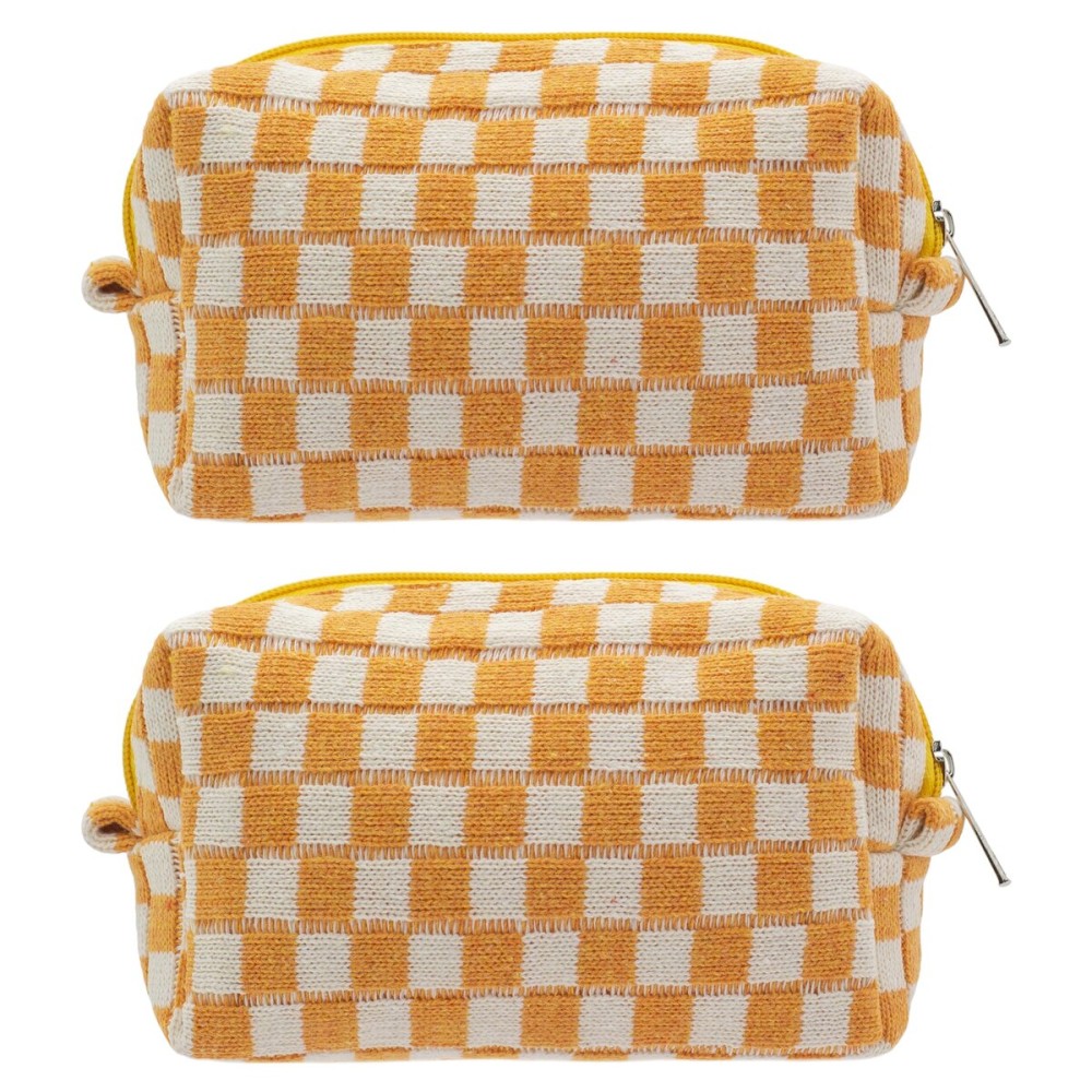 PAZIMIIK Checkered Makeup Bag for Purse Portable Zipper Make Up Pouch Small Cosmetic Case for Travel Accessories (2PCS Orange)