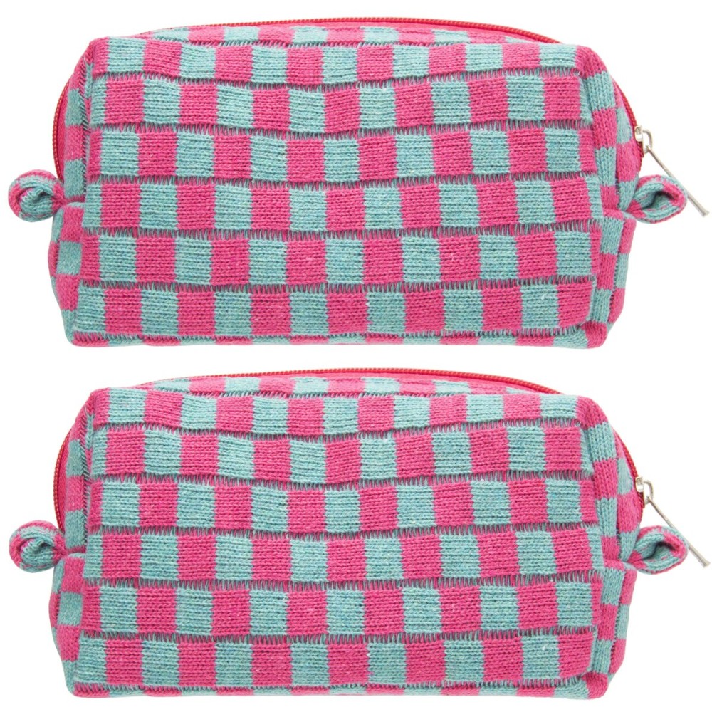 PAZIMIIK Checkered Makeup Bag for Purse Portable Zipper Make Up Pouch Small Cosmetic Case for Travel Accessories (2PCS Magenta Green)