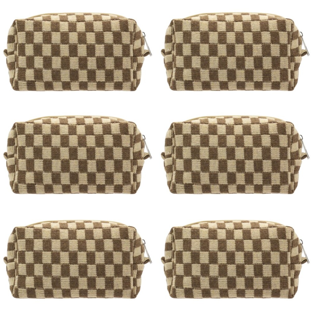 PAZIMIIK Checkered Makeup Bag for Purse Portable Zipper Make Up Pouch Small Cosmetic Case for Travel Accessories (6PCS Coffee)