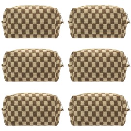 PAZIMIIK Checkered Makeup Bag for Purse Portable Zipper Make Up Pouch Small Cosmetic Case for Travel Accessories (6PCS Coffee)