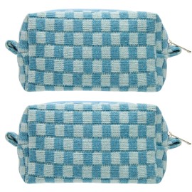 PAZIMIIK Checkered Makeup Bag for Purse Portable Zipper Make Up Pouch Small Cosmetic Case for Travel Accessories (2PCS Lake Blue)
