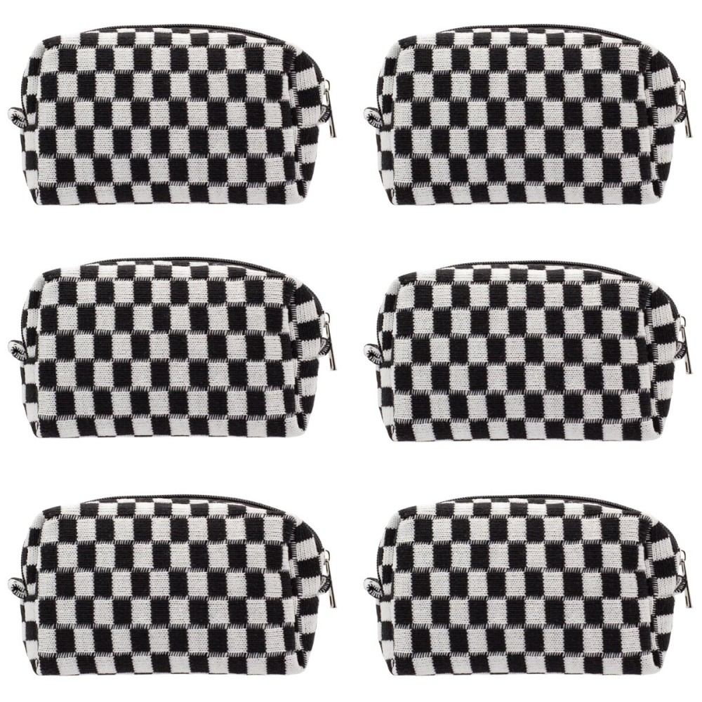 PAZIMIIK Checkered Makeup Bag for Purse Portable Zipper Make Up Pouch Small Cosmetic Case for Travel Accessories (6PCS Black)
