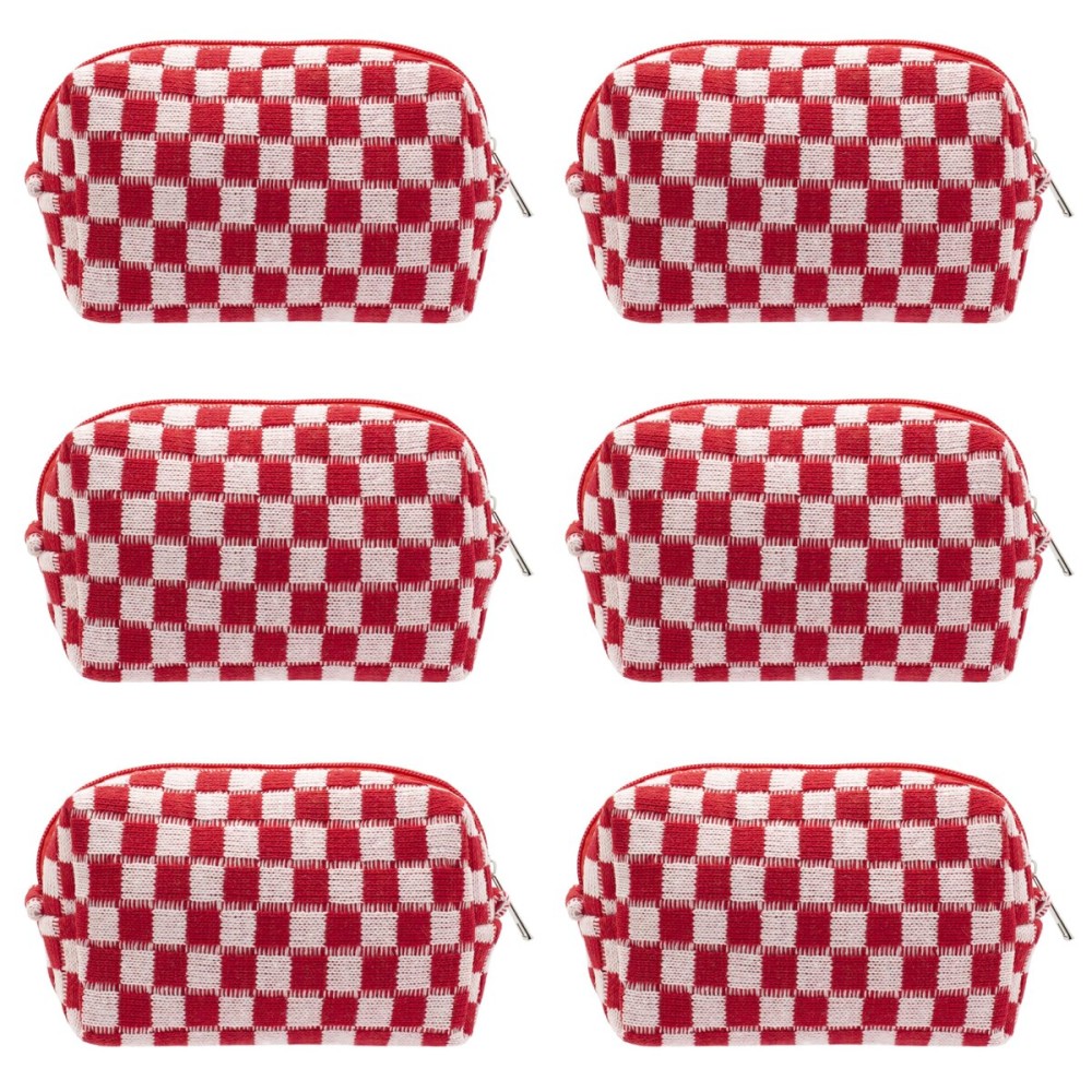 PAZIMIIK Checkered Makeup Bag for Purse Portable Zipper Make Up Pouch Small Cosmetic Case for Travel Accessories (6PCS Red)