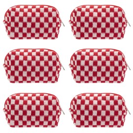 PAZIMIIK Checkered Makeup Bag for Purse Portable Zipper Make Up Pouch Small Cosmetic Case for Travel Accessories (6PCS Red)