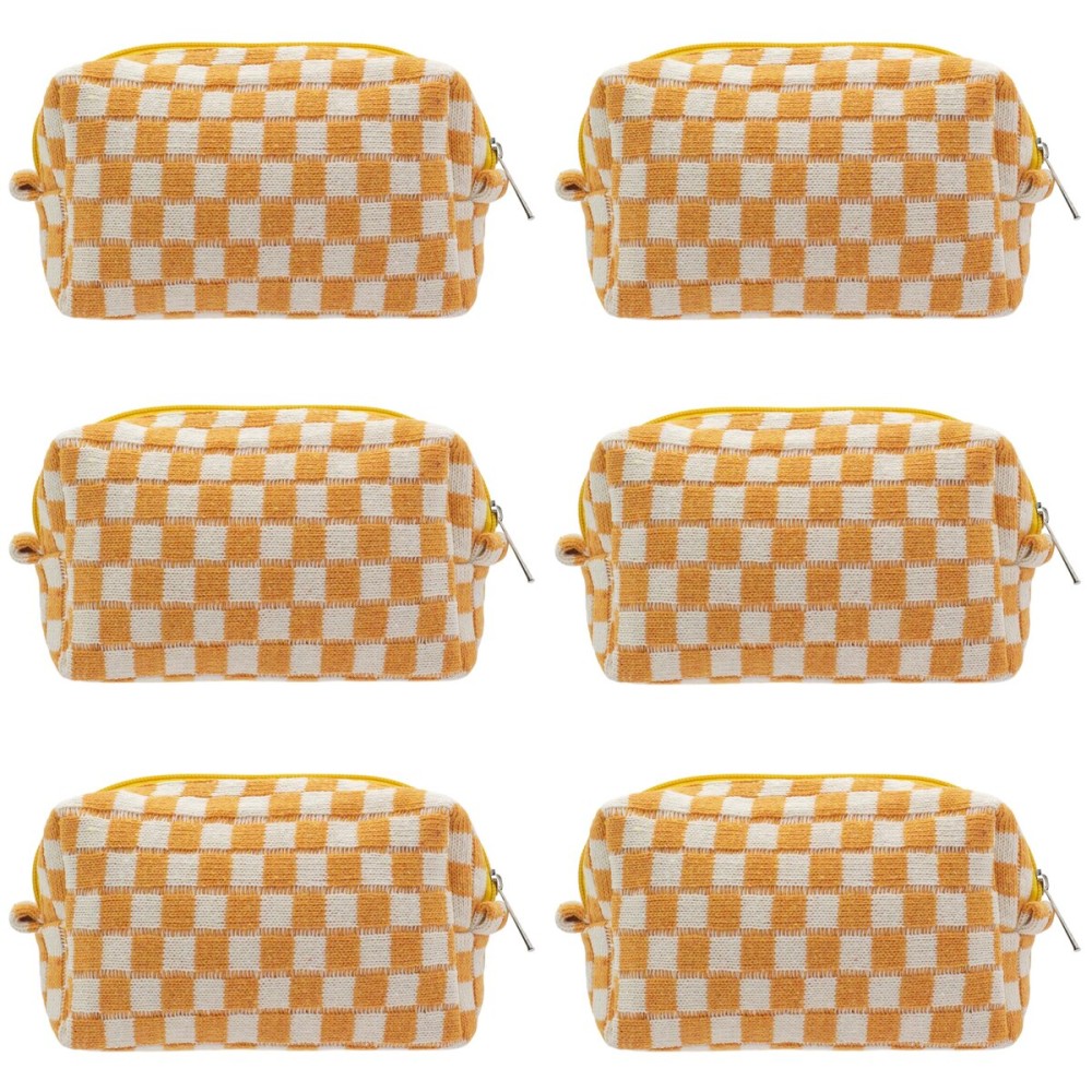 PAZIMIIK Checkered Makeup Bag for Purse Portable Zipper Make Up Pouch Small Cosmetic Case for Travel Accessories (6PCS Orange)
