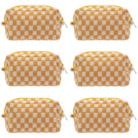 PAZIMIIK Checkered Makeup Bag for Purse Portable Zipper Make Up Pouch Small Cosmetic Case for Travel Accessories (6PCS Orange)