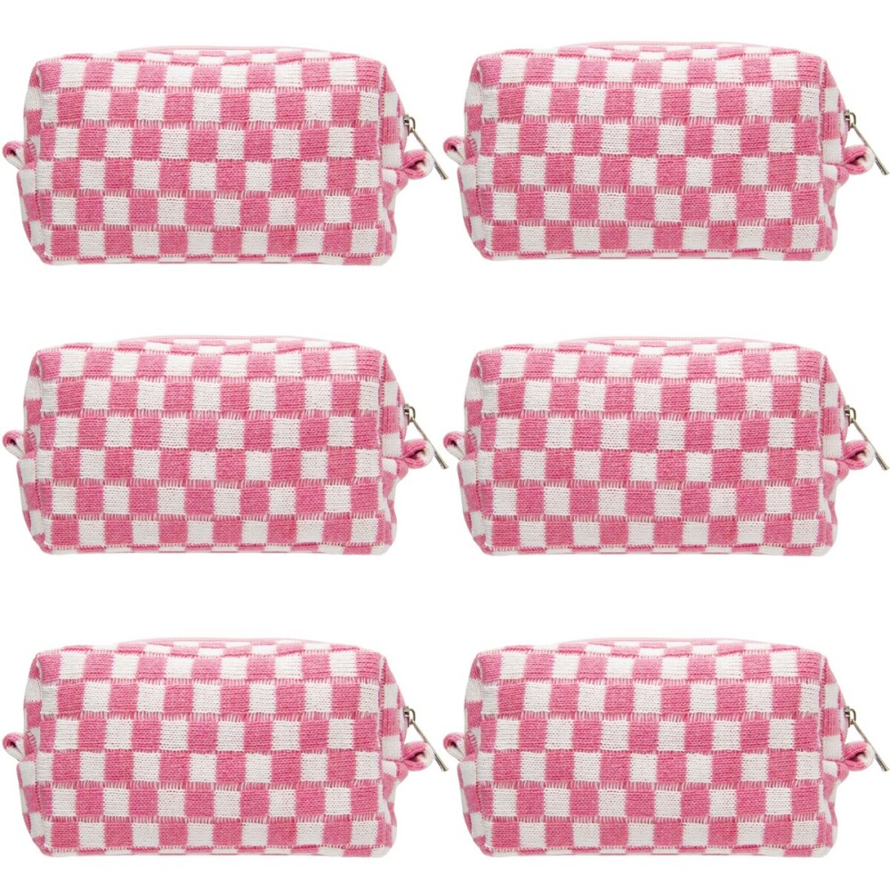 PAZIMIIK Checkered Makeup Bag for Purse Portable Zipper Make Up Pouch Small Cosmetic Case for Travel Accessories (6PCS Pink White)