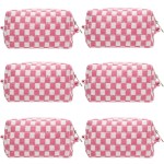 PAZIMIIK Checkered Makeup Bag for Purse Portable Zipper Make Up Pouch Small Cosmetic Case for Travel Accessories (6PCS Pink White)