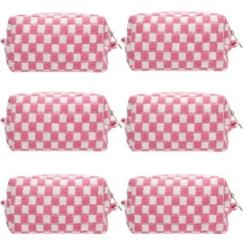 PAZIMIIK Checkered Makeup Bag for Purse Portable Zipper Make Up Pouch Small Cosmetic Case for Travel Accessories (6PCS Pink White)