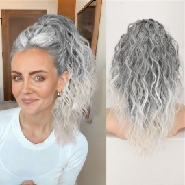 ORSUNCER Ponytail Extension Claw 18 Curly Pony Tail Clip in Claw Hair Extensions Fluffy Natural Looking Synthetic Hairpiece for Women Omber Grey