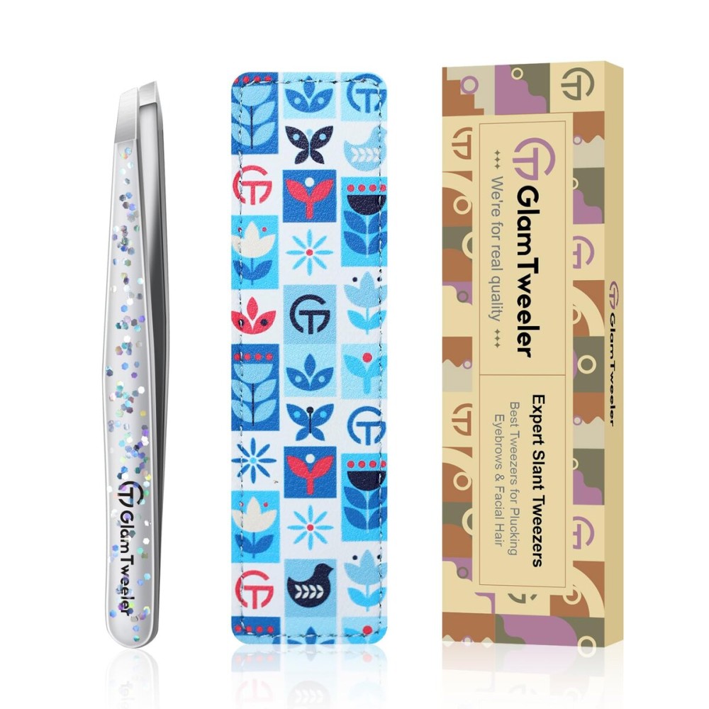 Expert Eyebrow Hair Removal Tweezer with Leather Case, GlamTweeler High Precision Slant Tip Stainless Steel Tweezers for Men and Women (Glitter Silver)