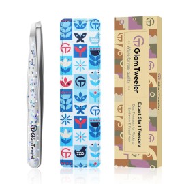 Expert Eyebrow Hair Removal Tweezer with Leather Case, GlamTweeler High Precision Slant Tip Stainless Steel Tweezers for Men and Women (Glitter Silver)