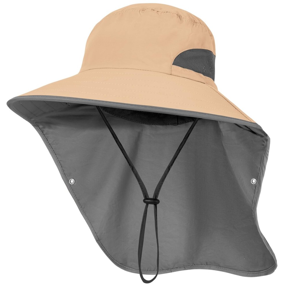 Outdoor Sun Hat Detachable Neck Face Flap UPF 50+UV Protection Visor Fishing Hats with Neck Flap for Men & Women Khaki