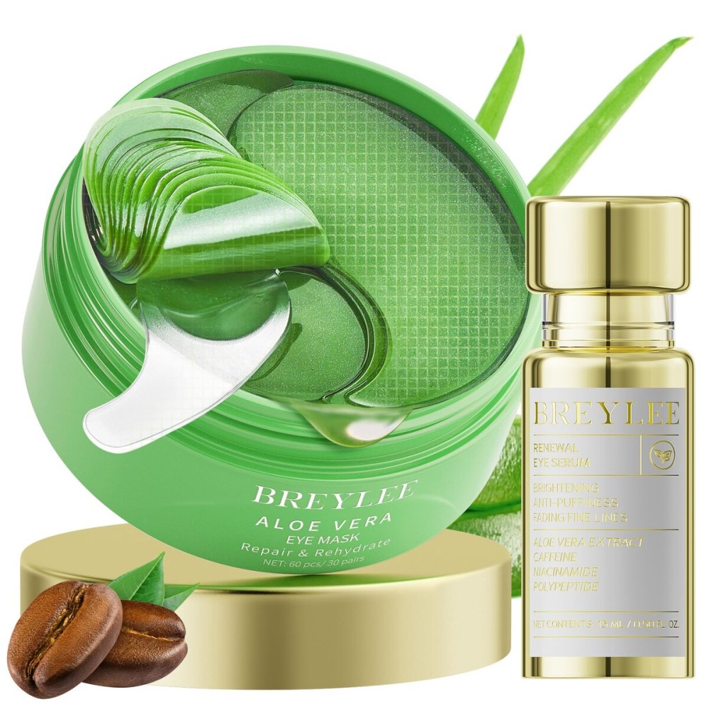 BREYLEE Renewal Care Kit with Aloe Vera Eye Masks - 60 Pcs & Renewing Serum, Under Eye Patches For Puffy Eyes,Hydrates, Improves And Firms The Eye Area, Suitable For Both Women And Men