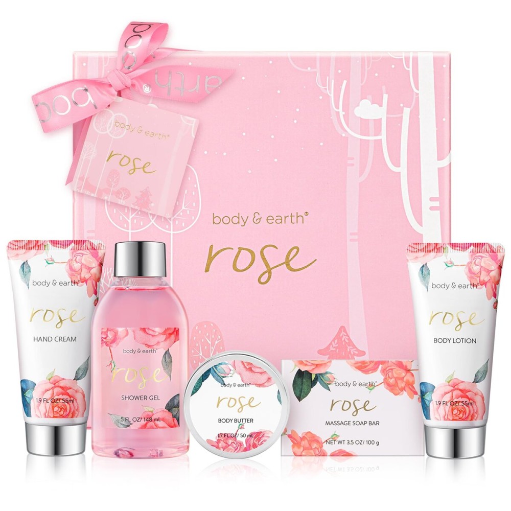 BODY & EARTH Spa Gift Set for Women - Luxurious 5 Pcs Bath and Body Gift Sets with Rose Scent, Spa Gift Box, Bath Set Includes Body Wash, Body Butter, Body Lotion and More, Birthday Gifts for Women