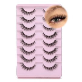 GVEFETIEE Cat Eye Lashes 8 Pairs Mink False Eyelashes Natural Look Soft Faux Mink Lashes Fluffy Wispy Lashes Handmade Lightweight Fox Eye D Curl Comfortable Clear Band Eyealshes