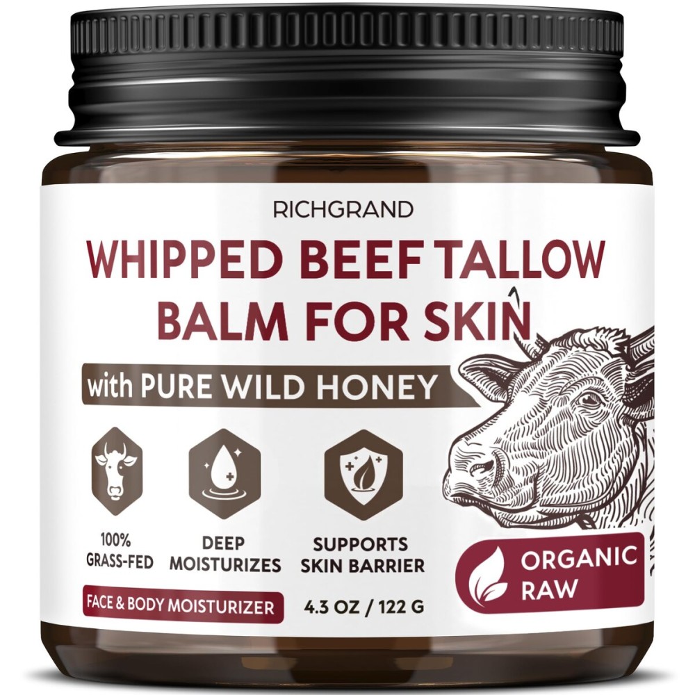 RICHGRAND Beef Tallow for Skin - Whipped Tallow and Honey Balm - Grass Fed Beef Tallow for Face, Daily Moisturizer & Body Butter - Natural Non Comedogenic Skincare (4.3 oz)