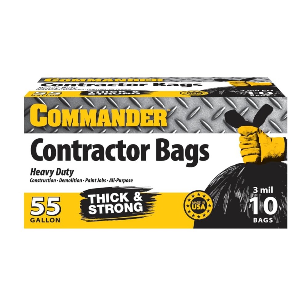 Commander 55 Gallon 3 MIL (eq) Heavy Duty Contractor Bags with Flap Ties - 36 x 56 with flaps - Pack of 10 - For Contractor, Industrial, & Outdoor