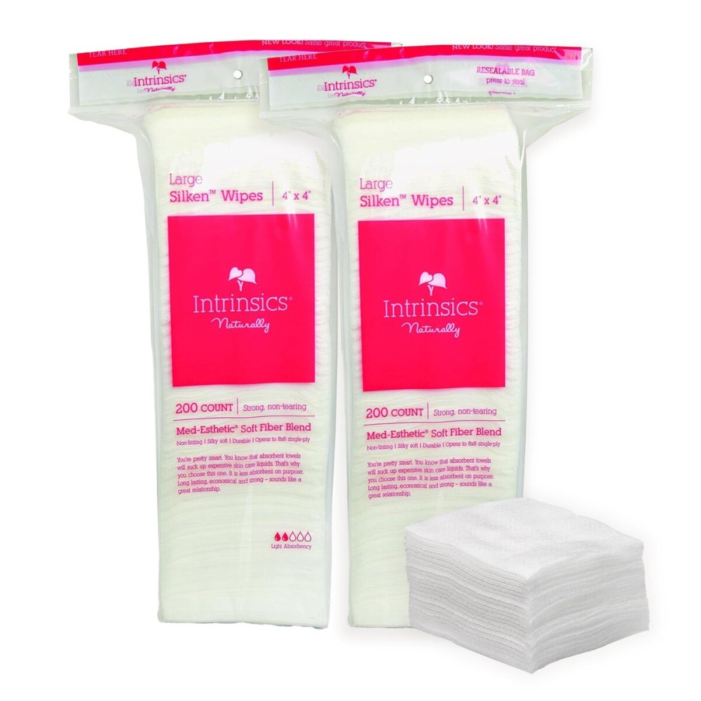 Intrinsics Large Silken Wipes (400 Count) - 4x4 4-Ply Low-Absorbency Silk Cotton Pads, Lint-Free Hypoallergenic Gauze, Esthetician Supplies for Makeup & Skincare Application, Nails, and Spa Use