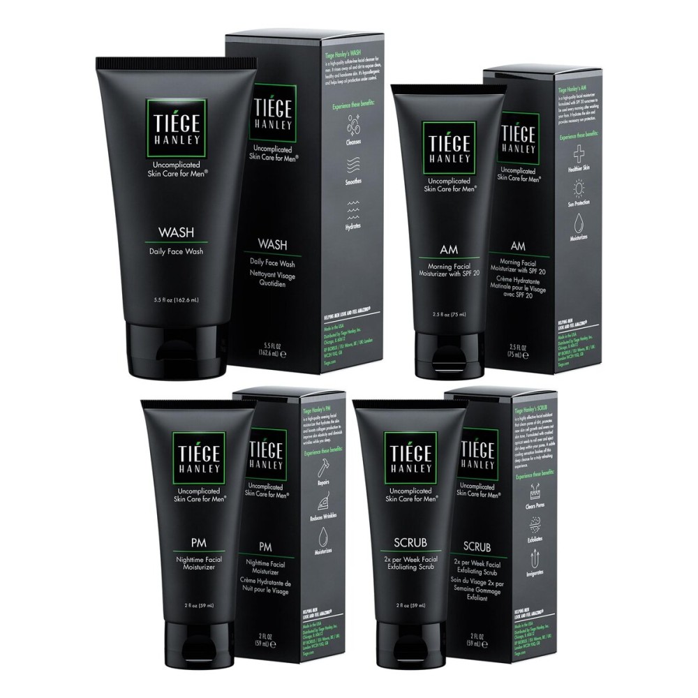 Tiege Hanley 90 Day Large Skin Care Set for Men, Essential Routine, System Level 1, Daily Face Wash, Facial Scrub, Moisturizer With SPF, and Night Cream for Healthy Skin, Mens Skin Care, 4 Piece Kit