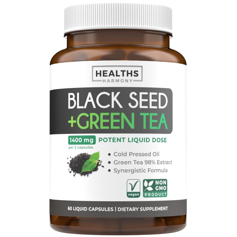 Cold-Pressed Black Seed Oil Capsules - Vegan Non-GMO Nigella Sativa Black Seed Oil Supplement with EGCG Green Tea Extract for Wellness & Energy Support - Polyphenol & Thymoquinone-Rich (1 Month)
