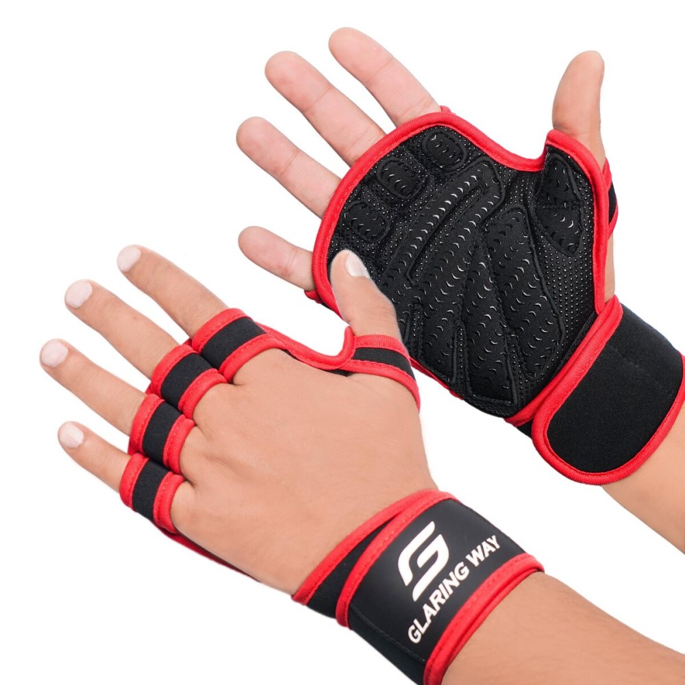 Glaring Way Workout Gloves for Men Women, Padded Weight Lifting Gloves with Wrist Wraps Support, Full Palm Protection, Grip for Gym Training, Fitness, Weightlifting, Exercise (Red, Small)