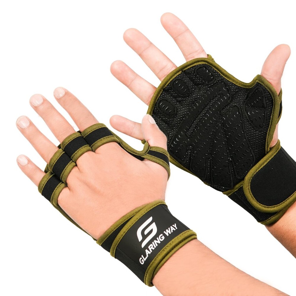 Glaring Way Neoprene Padded Fingerless Workout Gloves for Men and Women with Full Palm Protection, Extra Grips for Weightlifting, Exercise, Cycling, Cross Training, Fitness & Pull-ups (Green, Small)