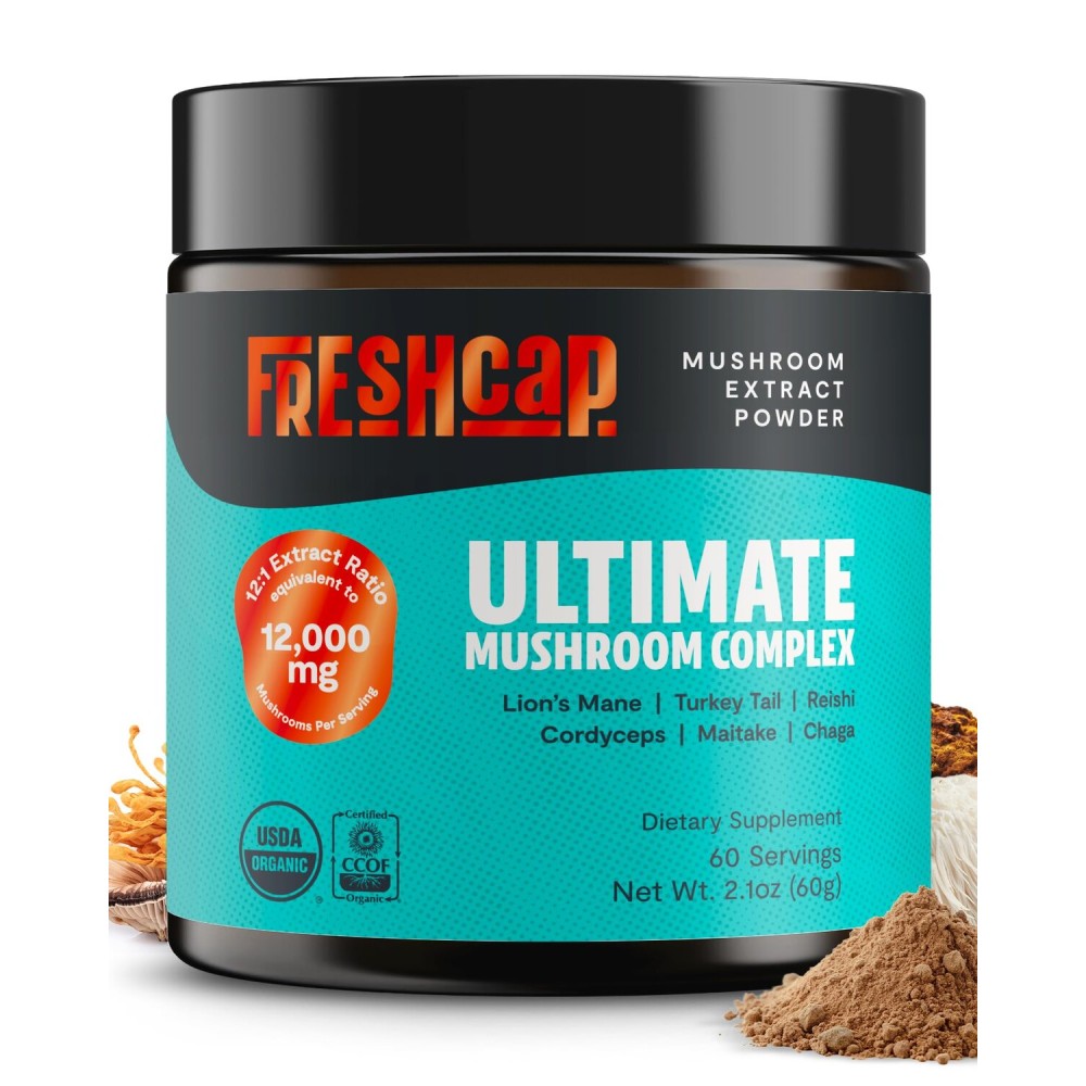 FreshCap Mushrooms Coffee 12,000 mg - Organic Instant Coffee with 6 Adaptogenic Mushrooms & 29% Beta-Glucans - Nootropic for Clean Energy, No Jitters, Focus, Gut Health & Immune Support (15 Servings)