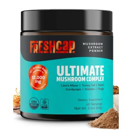 FreshCap Mushrooms Coffee 12,000 mg - Organic Instant Coffee with 6 Adaptogenic Mushrooms & 29% Beta-Glucans - Nootropic for Clean Energy, No Jitters, Focus, Gut Health & Immune Support (15 Servings)
