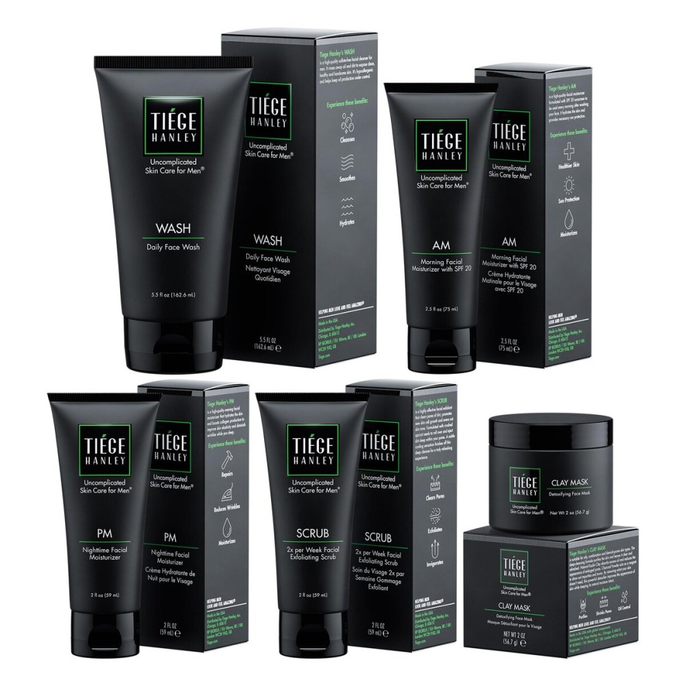 Tiege Hanley 90 Day Large Skin Care Set for Men, Advanced Routine, System Level 2, Daily Face Wash, Facial Scrub, Two Moisturizers, and Eye Cream for Healthy Skin, Mens Skin Care, 5 Piece Kit