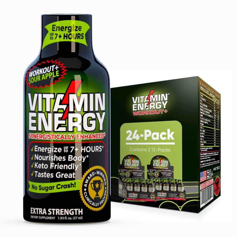 Vitamin Energy Workout+ Extra Strength Energy Shot Sour Apple 24 Pack, 260mg Natural Caffeine, Pre-Workout, B-Vitamins, Minerals, Endurance & Performance, Zero Sugar, Gluten-Free, Vegan, 1.93 fl oz