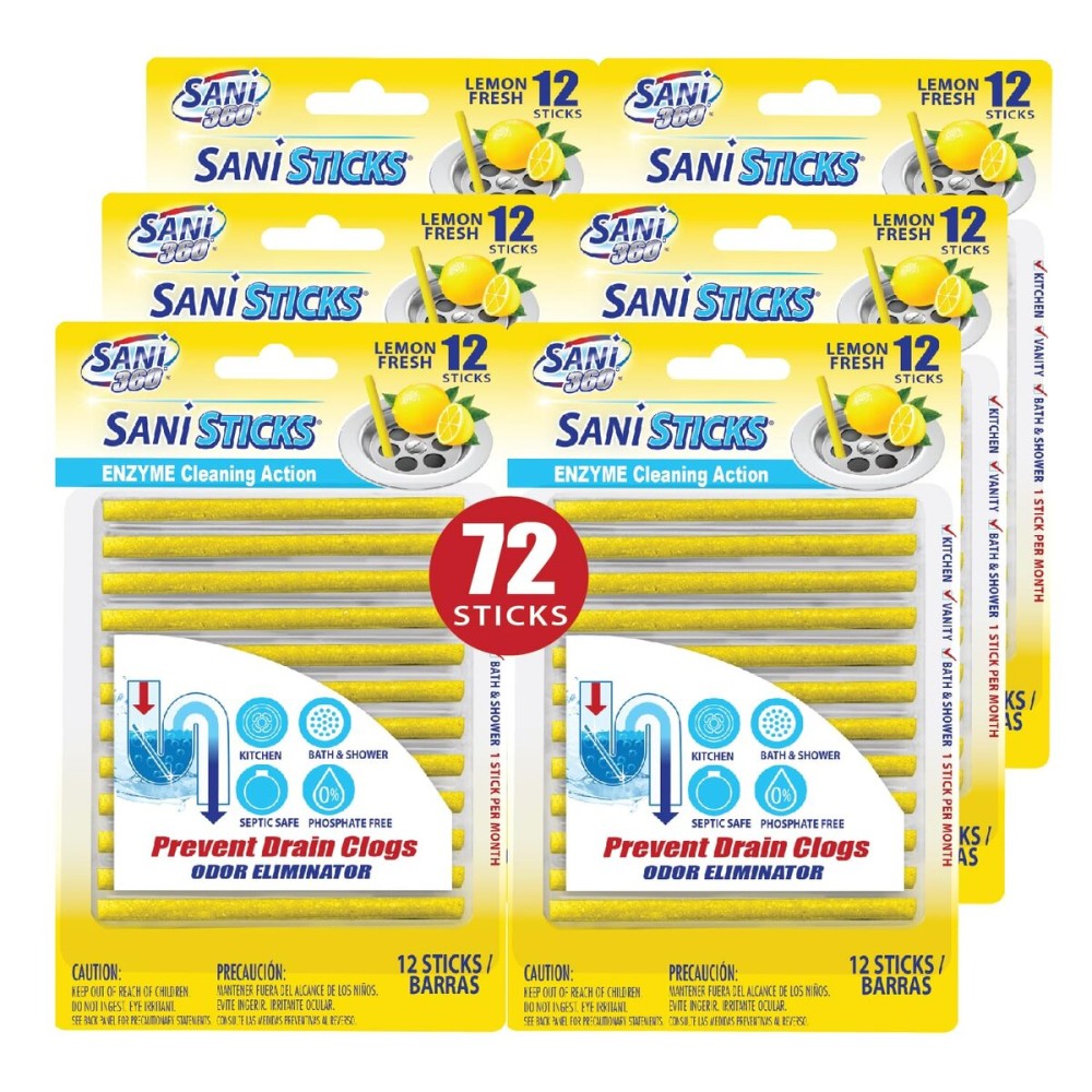 SANI 360 Sani Sticks Drain Cleaner and Deodorizer | Non-Toxic, Enzyme Formula to Eliminate Odors and Helps Prevent Clogged Drains | Septic Tank Safe (72 Count, Lemon)