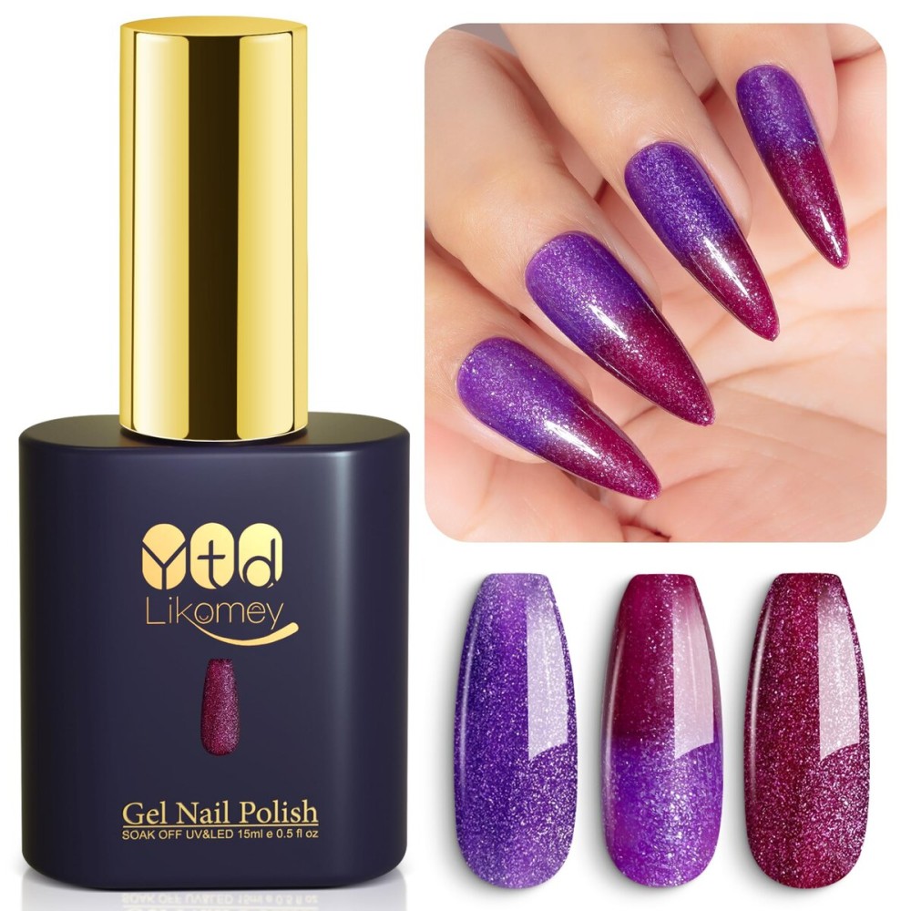 YTD Likomey Color Changing Gel Nail Polish,15ml Purple To Dark Wine Red Glitter Mood Temperature Change Colors Fall Winter Thermal Manicure UV Nail Gel,HEMA Free WB503