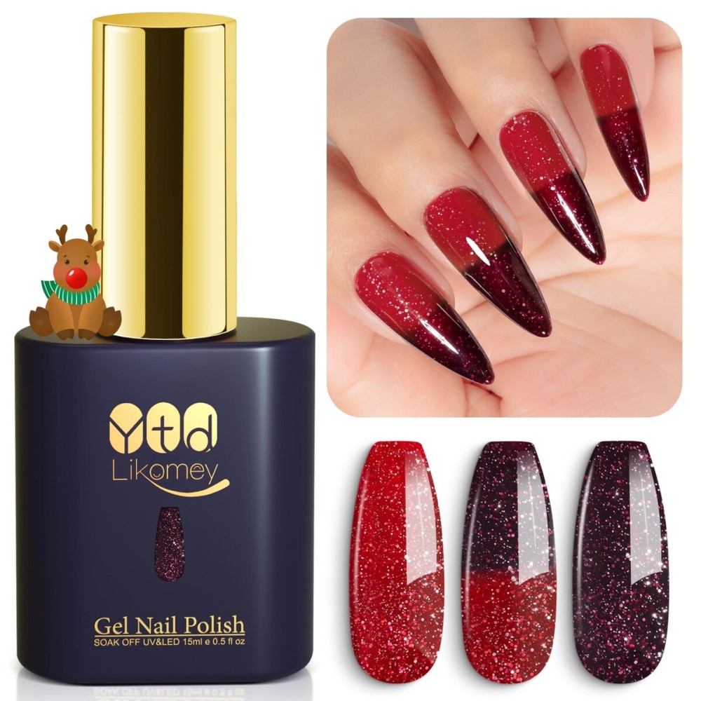 YTD Likomey Color Changing Gel Nail Polish,15ml Red To Dark Cherry Red Glitter Mood Temperature Change Colors Fall Winter Thermal Ombre Manicure Shimmer UV Varnish,HEMA Free TPO Free,WB504
