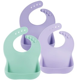 PandaEar 3 Pack Silicone Bibs for Boys Girls for Babies & Toddlers, Waterproof Feeding Bib with Large Food Catcher, BPA Free (Green & Purple)