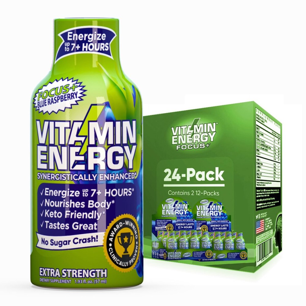 Vitamin Energy Focus+ Extra Strength Energy Shot Blue Raspberry 24 Pack, 260mg Natural Caffeine, B-Vitamins, CoQ10, Amino Acids, Focus, Productivity & Clarity, Zero Sugar, Gluten-Free, 1.93 fl oz