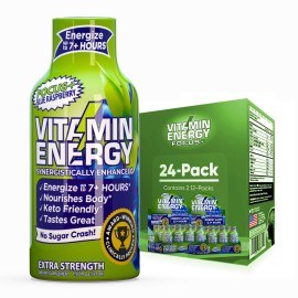 Vitamin Energy Focus+ Extra Strength Energy Shot Blue Raspberry 24 Pack, 260mg Natural Caffeine, B-Vitamins, CoQ10, Amino Acids, Focus, Productivity & Clarity, Zero Sugar, Gluten-Free, 1.93 fl oz