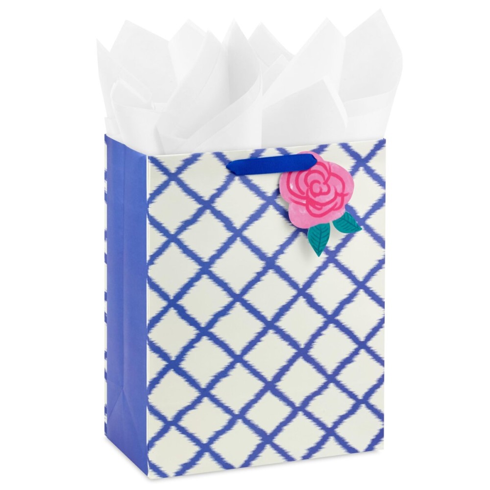 Hallmark 13 Large Gift Bag with Tissue Paper and Gift Tag (Pink Flower on Blue Plaid) for Mother\'s Day, Birthdays, Bridal Showers