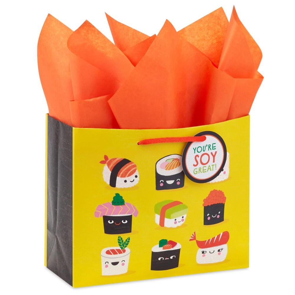 Hallmark 7 Medium Horizontal Gift Bag with Tissue Paper and Gift Tag (Sushi, You\'re Soy Great!) for Birthdays, Graduations, Congrats, Thank You