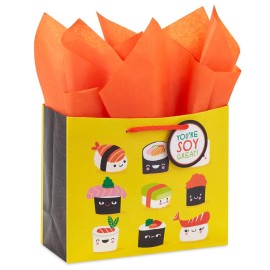 Hallmark 7 Medium Horizontal Gift Bag with Tissue Paper and Gift Tag (Sushi, You\'re Soy Great!) for Birthdays, Graduations, Congrats, Thank You