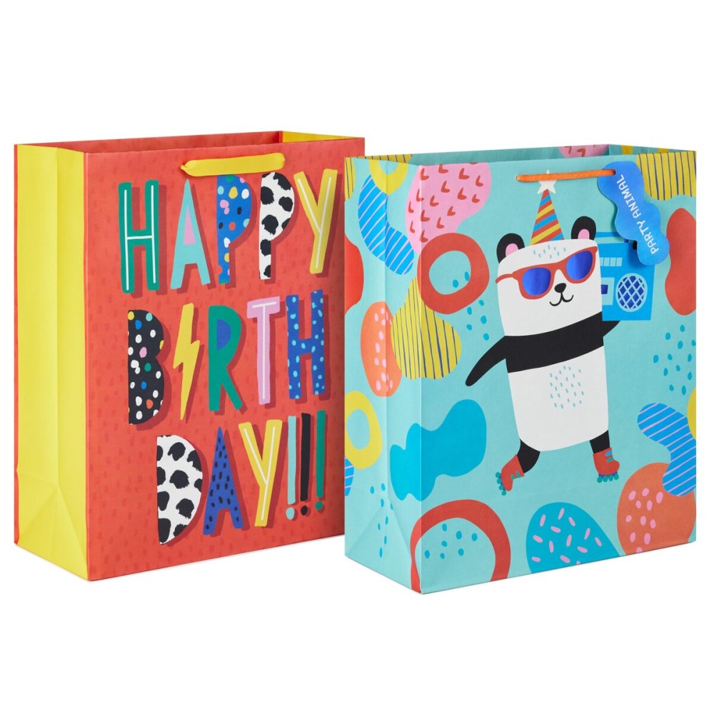 Hallmark 15 Extra Large Birthday Gift Bag Set (2 Bags: Party Animal Panda, Orange Happy Birthday) for Kids, Teens, Grandchildren