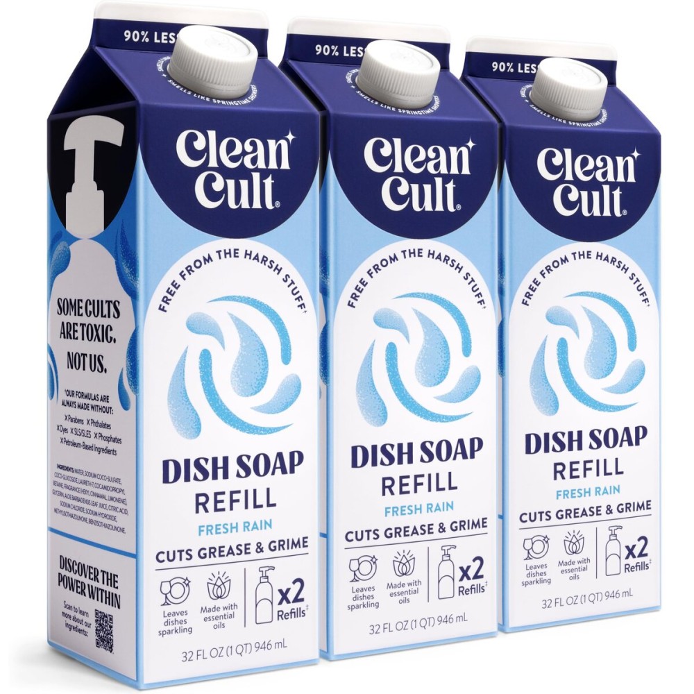 Cleancult Dish Soap Liquid Refill (32oz, 3 Pack) - Plant Based Cleaning Power - Dish Soap that Cuts Grease & Grime - Free of Harsh Chemicals - Uses 90% Less Plastic - Fresh Rain