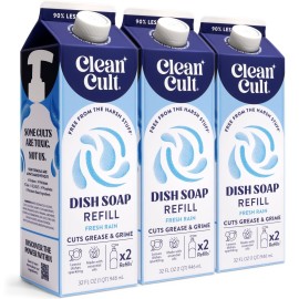 Cleancult Dish Soap Liquid Refill (32oz, 3 Pack) - Plant Based Cleaning Power - Dish Soap that Cuts Grease & Grime - Free of Harsh Chemicals - Uses 90% Less Plastic - Fresh Rain