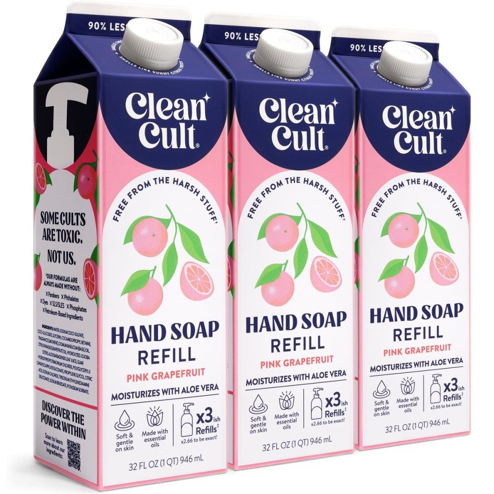 Cleancult Liquid Hand Soap Refill - Pink Grapefruit- Moisturizes Dry & Sensitive Skin - Made with Aloe Vera & Essential Oils - Eco Friendly - Paper-Based Packaging - 32 oz/3 Pack